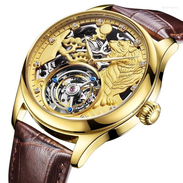 Relógios de pulso Aesop 12 Zodiac Tiger Tourbillon Relógios Homens Luxo Full Hollow Relógio Esporte Safira Cristal À Prova D 'Água Relógio de Pulso Mecânico