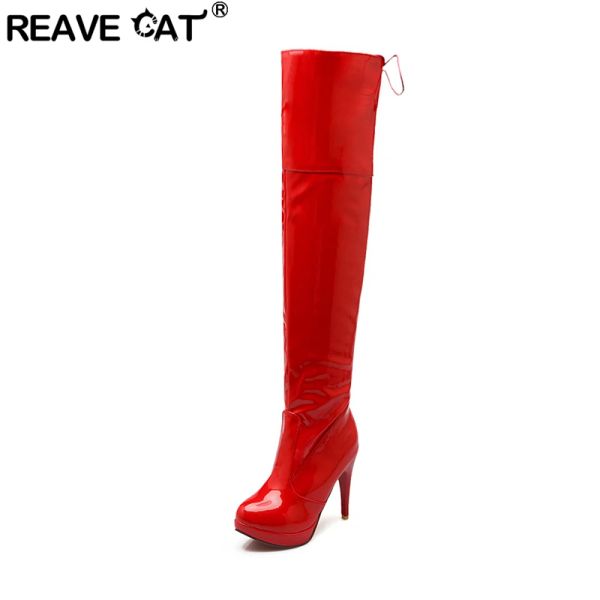 Stiefel Reave Cat 2021 sexy über den Kniestiefeln Patentleder Samt runde Zehen Schnüre -Up -Plattform 11 cm dünne Absatz US12 Weiß Red A4348