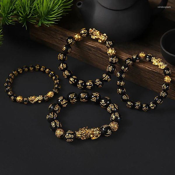 Pulseira estilo chinês pixiu seis caracteres mantra obsidiana pedra contas pulseira para homens mulheres pulseira riqueza e boa sorte