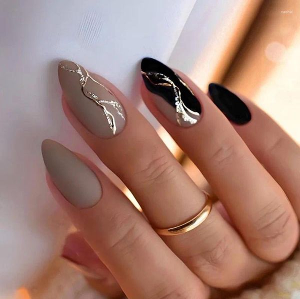 Unhas falsas outono e inverno atmosfera metal linha espumante pó elegante versátil clareamento produtos de unhas 24 peças