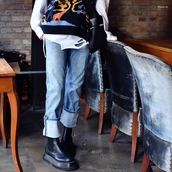 Damenhose MICOCO N5538C Die koreanische Version Mode Hellblaue, locker sitzende, schlankmachende, warme, gefesselte Jeans mit geradem Bein
