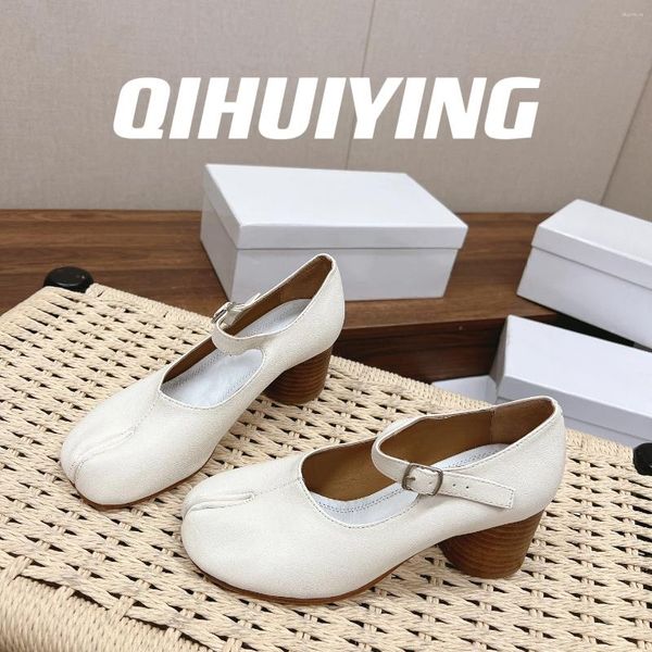 Sapatos de vestido 2024 Qihuiying Handmade Genuíno Couro Fivela-Strap Mulher Bombas Splite-Toes Salto Alto Mary Janes Ballet Zapatos de Mujer