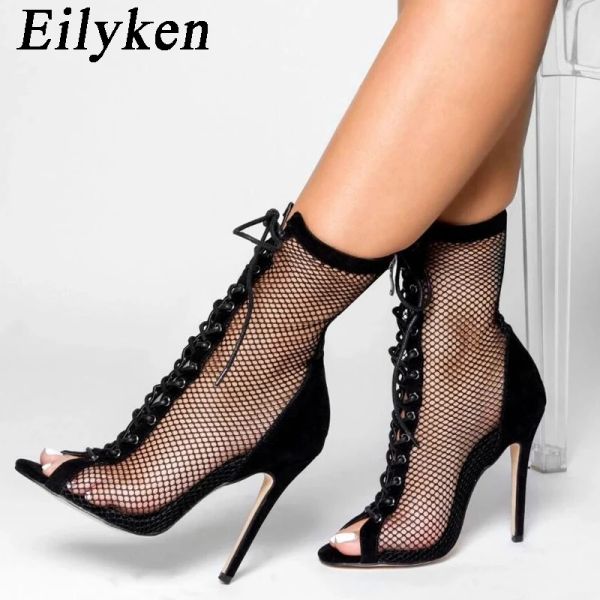 Botas Eilyken Design de moda Mesh High Heel Women Boots Sandals Sexy Peep Toe Ttied Stripper Pólo dança Sapatos Stiletto