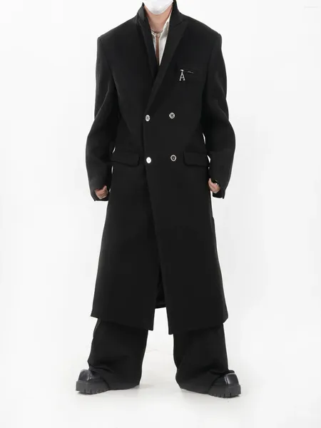 Jaquetas masculinas estilo vanguardista escuro roupas desconstruídas ombro acolchoado casacos de lã casual longo sobre o joelho trench coats