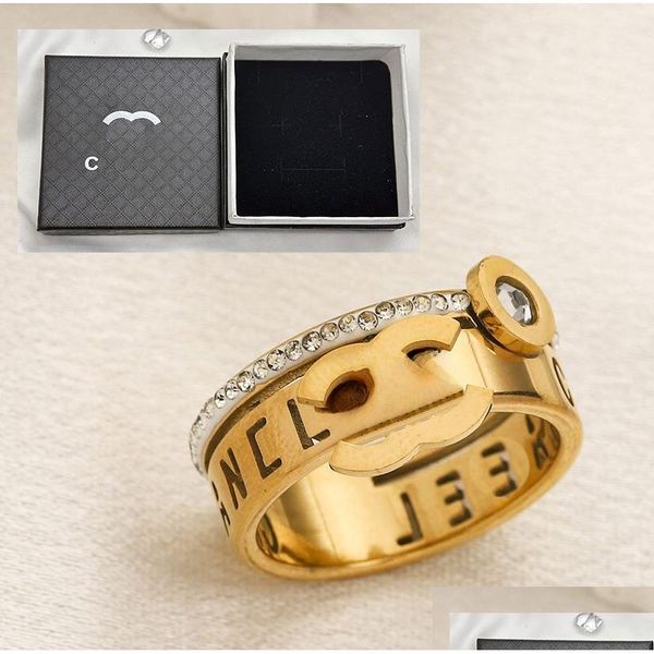 Anéis de casamento marca embalagem luxo jóias designer mulheres amor encantos suprimentos 18k banhado a ouro anel de aço inoxidável dedo fino gota dhwj0