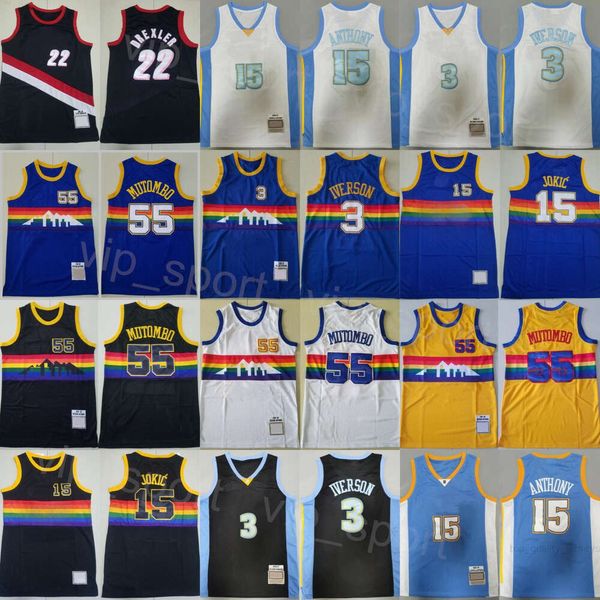 Maglia da basket retrò Clyde Drexler 22 Uomo Vintage Dikembe Mutombo 55 Carmelo Anthony 15 Allen Iverson 3 Per appassionati di sport Camicia Ritorno al passato Abbigliamento sportivo in puro cotone