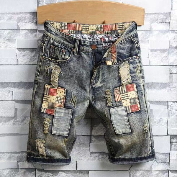 Capispalla estivi americani retrò di nuova concezione con pantaloni corti per jeans alla moda da uomo, punti personalizzati, fori, pantaloncini larghi da uomo e da donna