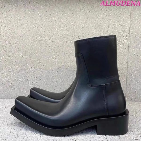 Stiefel schwarzer Leder Square Toe Spuckle Boots Frauen und Männer klobiger Heel Winter Luxusdesignerin Chelsea Boots Zip 2023 Neue Comfy Schuhe