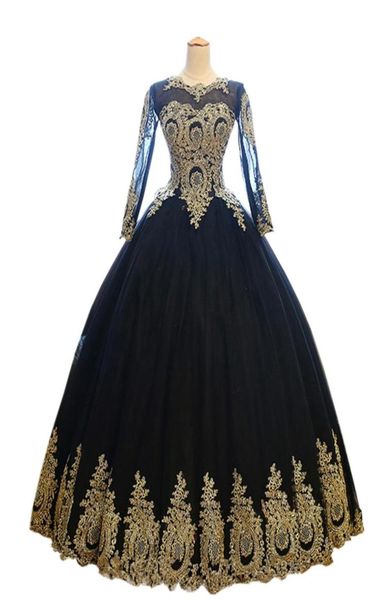 Sexy schwarze und goldene Ballkleid-Abendkleider, formelle Kleider, lange Illusionsärmel, Spitzenapplikationen, Tüll, Designer-Abschlussball-Partykleid 6111266