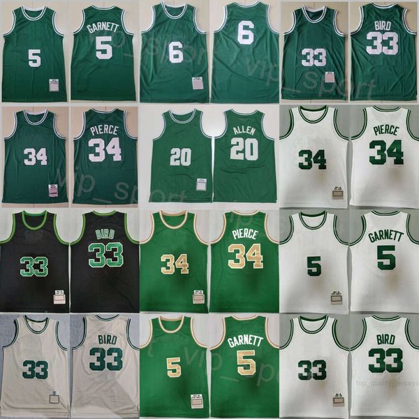 Retro Basquete Paul Pierce Jersey 34 Homem Vintage Kevin Garnett 5 Ray Allen 20 Bill 6 Larry Bird 33 Camisa Equipe Verde Branco Preto Bege Cor Tudo Costurado Reminiscência