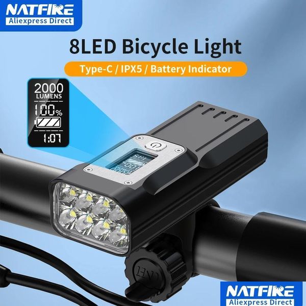Luzes de bicicleta Natfire Powerf Light Oled Display 10000mAh Recarregável Bicicleta Farol Lanterna Typec Carregando 2000Lm Lâmpada Drop Deliv Otb2C