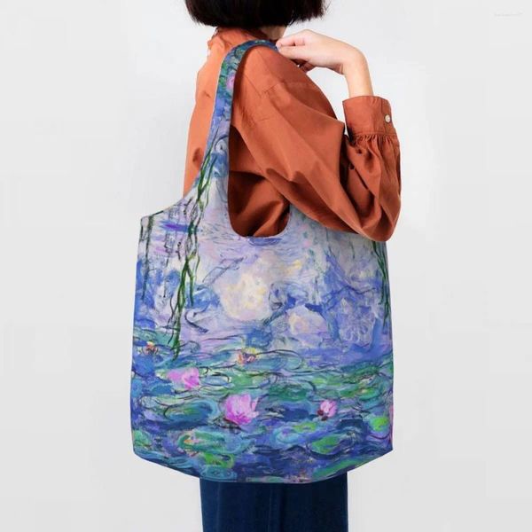 Sacos de compras Kawaii Claude Monet Lírios de Água Sacola Reciclagem Pinturas de Jardim Mantimentos Canvas Shopper Bolsa de Ombro