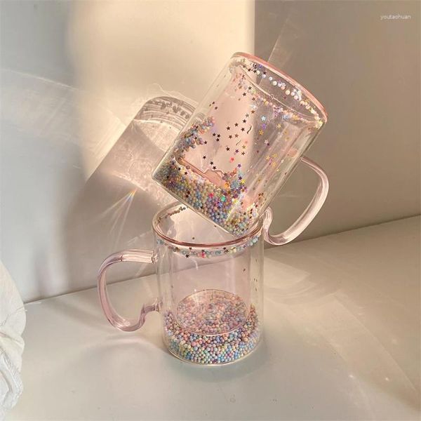 Bicchieri da vino Stile giapponese-coreano Ragazza Cuore Bolla Stella Tazza vuota Manico In paillettes Vetro a doppio strato Semplice caffè domestico Latte