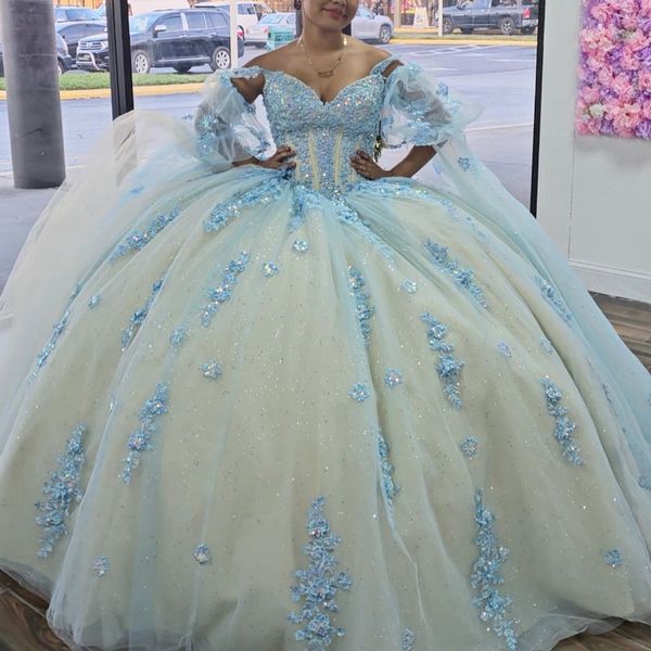 Glänzendes himmelblaues Quinceanera-Kleid, Ballkleid, Champagner-Futter, Spitzenapplikation, Kristalle, Perlenstickerei, Tüll, Sweet 16, Vestido De 15 Anos