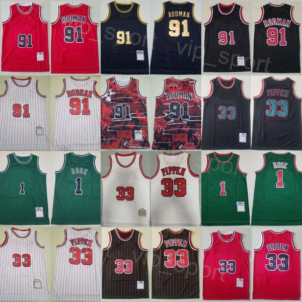 Retro Basketball Dennis Rodman Trikot 91 Mann Vintage Derrick Rose 1 Scottie Pippen 33 Streifen Stickerei Reine Baumwolle Athletic Wear Throwback Shirt Gute Qualität