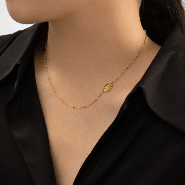 14 Karat Gelbgold Jungfrau Maria Form Anhänger Jesus Kreuz Kugel Halsketten Schlüsselbeinkette Stahl vergoldet unregelmäßig für Frauen
