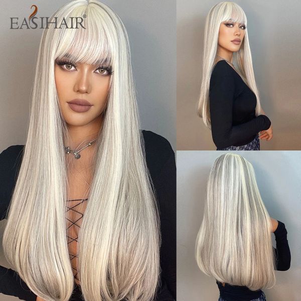 Wigs easihair смешанные ясенственные парики с взрывом с длинными прямыми синтетическими белыми париками для женщин косплей лолита ежедневная вечеринка теплостойкость