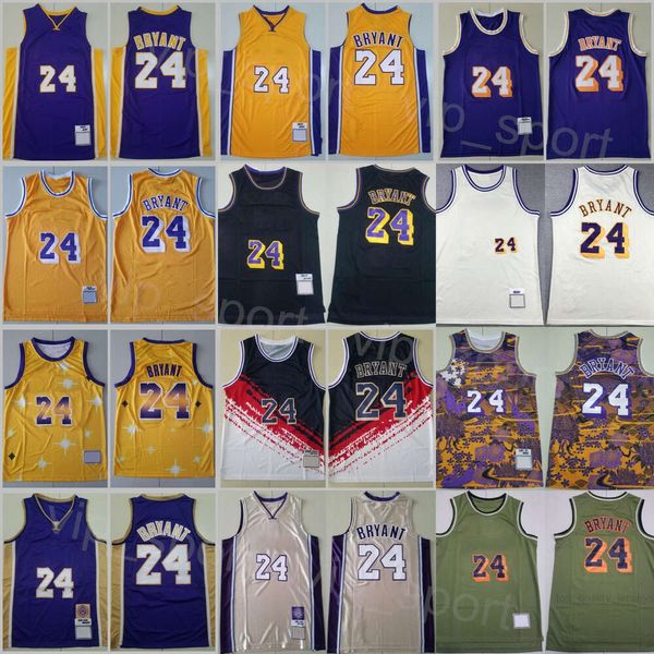 Retro Basketbol 24 Bryant Jersey Man Vintage Team Sarı Siyah Beyaz Mor Kırmızı Mavi Bej hepsi Spor Hayranları için Dikişli Nefes Alabilir Gerileme Gömlek Atletik Giyim