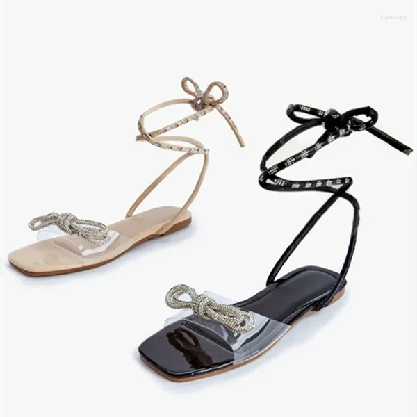 Sandálias Cristal Bow Design Slingback Mulheres Verão Open Toe PVC Transparente Flat Rhinestone Casual Beach Shoes para