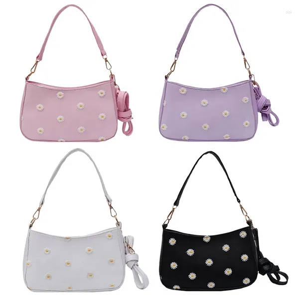 Bolsa de ombro bordada com margaridas, bolsa feminina elegante de couro, bolsa de telefone, bolsa crossbody feminina