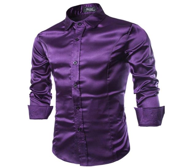 Camicia da uomo completamente nuova a maniche lunghe Chemise Homme 2016 Fashion Design Viola Camicia di seta da uomo Slim Tuxedo Camicie eleganti Camisa Soci5449051