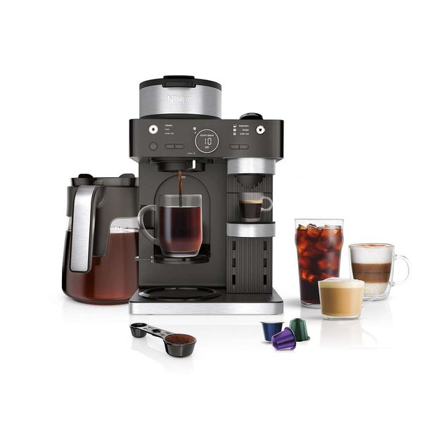 Ninja CFN601 Barista-System, 3 Espresso-Stile, kompatibel mit Einwegkaffee-Nespresso-Kapseln, 12-Tassen-Glasflasche, integrierter Schaum, Espresso, Cappuccino und