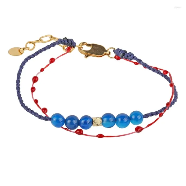 Braccialetti a maglie Bracciale con goccia di sangue in giada blu Resina e lega Misura regolabile Gioielli da polso alla moda a doppio strato per ragazza donna