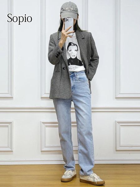 Frauen Jeans Hohe Taille Dünne Hosen Blau Gerade Bein Denim Mode Retro Street Style Nine Point Frau Kleidung 2024