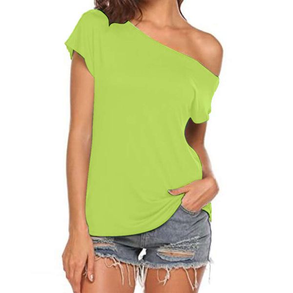 T-shirt da donna a maniche corte con collo a una linea e collo in seta spazzolata in seta di latte spazzolata per piccoli mercati Sense Summer New Off Top con spalla obliqua