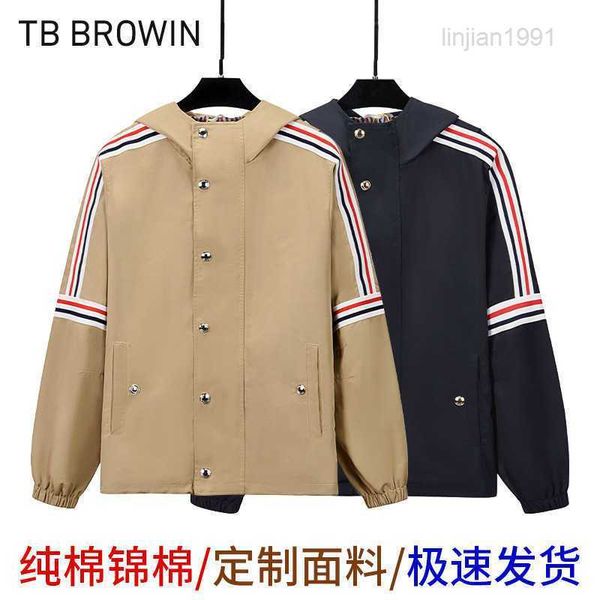 Herrenjacken TB Browin neue Herbst-Winter-Freizeitjacke koreanischer rot-weiß-blauer Streifenmantel mit Kapuze, zweireihige Jacke