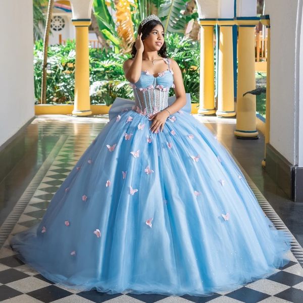 Небесно-голубое блестящее платье принцессы Quinceanera с бусинами на тонких бретельках и хрустальной бабочкой, корсет на шнуровке для выпускного вечера, Vestidos de 15 anos