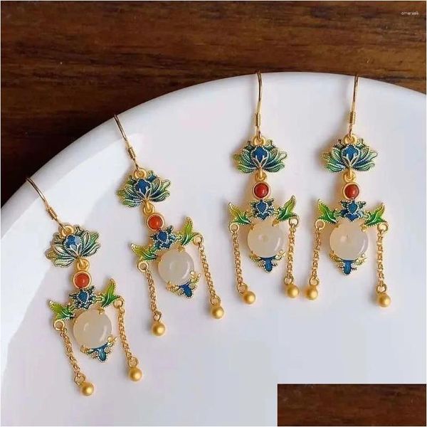 Dangle Avize Küpe Retro Stil S925 Sterling Sier Altın Kaplama Tasarım Kakma Doğal Hetian Beyaz Yeşim Çiçek Kavrulmuş Mavi Exqu OTNQG