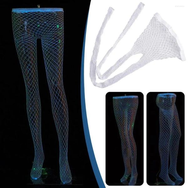 Meias femininas luminosas fishnet meias meias de cintura alta meias net clube oco magro punk sexy meia-calça para fora meia j1m1