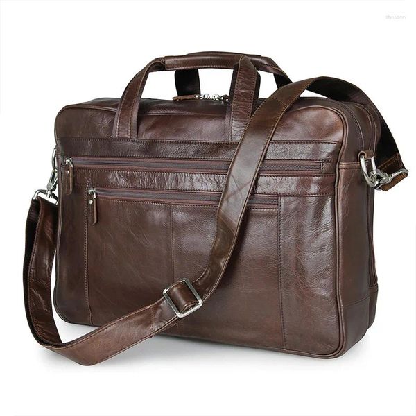 Bolsa vintage de grande capacidade, couro genuíno de café, bolsa mensageiro masculina, viagem de negócios, 15.6 ''portátil, pasta # m7319