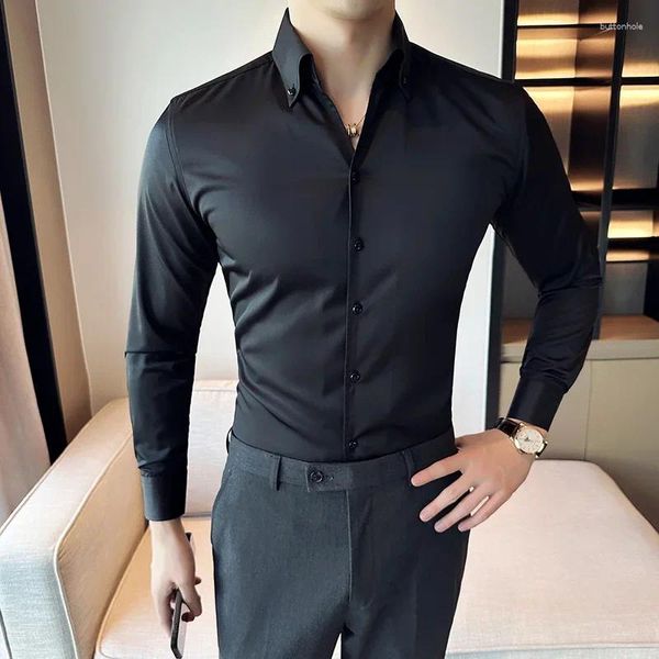 Camisas casuais masculinas high end cor sólida manga longa magro negócio coreano formal v-pescoço homens vestido camisa festa social smoking blusa homem