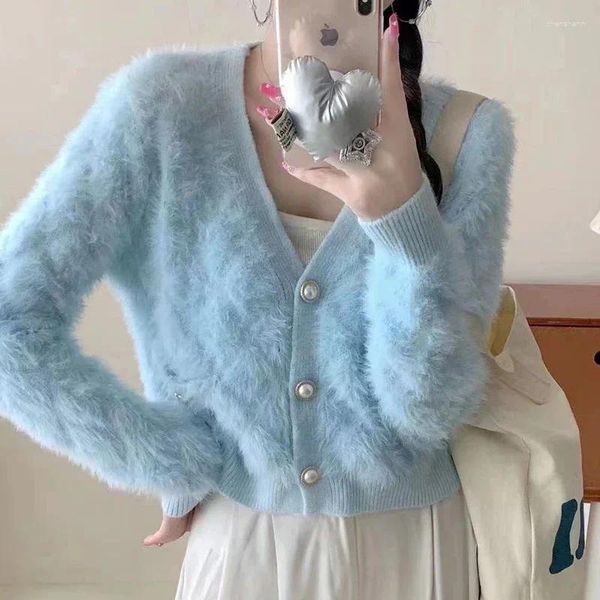 Cardigan da donna in maglia da donna Maglione blu morbido in maglia sfocata con bottone di perla Autunno Inverno