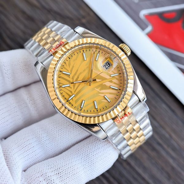Relógio masculino de luxo data apenas automático móvel designer feminino relógio mostrador ouro padrão folha palmeira 36mm brilho 904l stainles255m