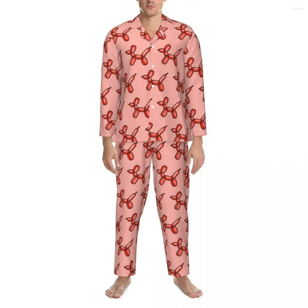 Pigiama da notte da uomo Pigiama da uomo Rosso Palloncino Notte Indumenti da notte Stampa animalier Due pezzi Pigiama casual Set manica lunga Carino Abito da casa oversize