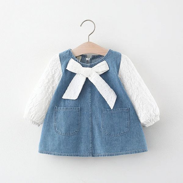 geborenes Baby Mädchen Frühling Herbst Kleidung Outfits Schleife Denim Kleid Kostüm für Kleinkind Mädchen Stoff 1 Jahr Geburtstag Kleider Kleid 240311