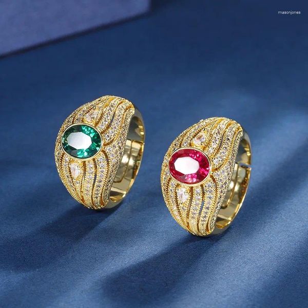 Cluster-Ringe Damen Luxus 18 Karat Gold Farbe Elegant 6 8 mm Turmalin Simulation Smaragd Rubin Resizable Ring Versprechen edlen Schmuck