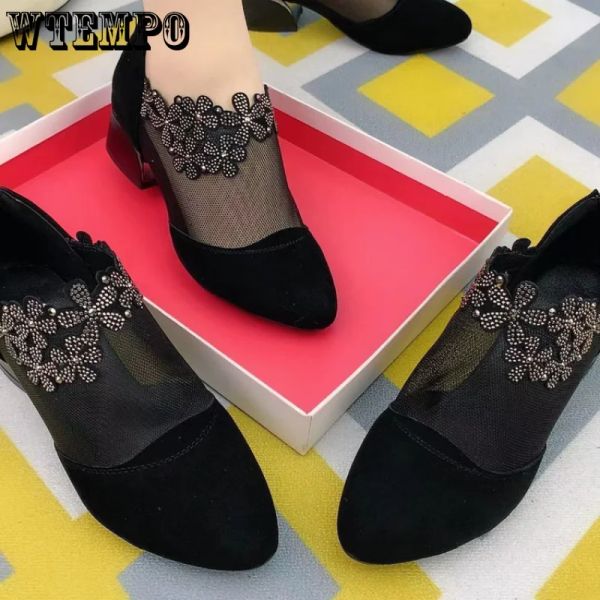 Pompe Wtempo Women Retro Rhinestone Sandals Donne Eleganti sandali di tallone quadrato Floro Mesh Light Pompe Scarpe Scarpe all'ingrosso Dropshipping all'ingrosso