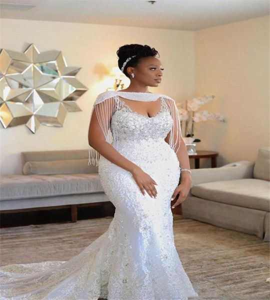 Custom Made Sereia Weddding Dreses Com Envoltório Beading Cristal Lace Appliqued Sexy Spaghetti Vestido de Casamento Sul Africano 20196304297