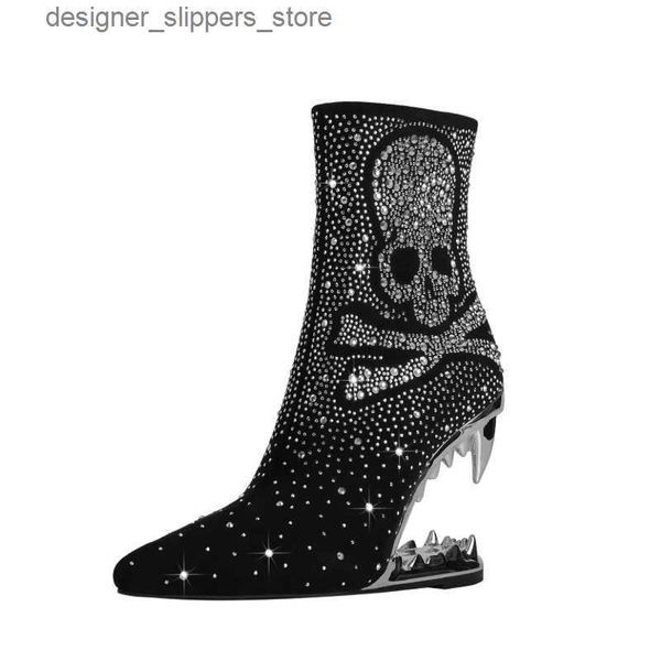 Stiefel Neuer Tigerzahn-Absatz Lacey Patchwork-Totenkopfmuster Halloween-Damen-High-Heel-Modestiefel Q240321