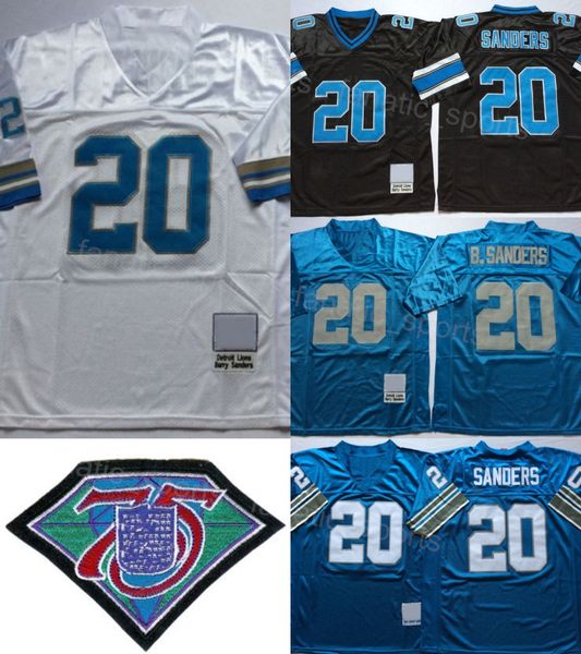 Retro 1994 Futebol 20 Barry Sanders Vintage Jersey Homens Todos Costurados Para Fãs Esportivos Respirável Algodão Puro Equipe Preto Azul Branco 75º Aniversário Cor Uniforme