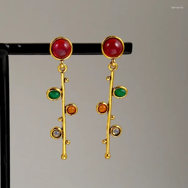 Dangle Küpeler Lüks Altın Yaprak Şubesi Modaya Metal Yeşil Kırmızı Boncuklar Kristal Düğün Takılar Mücevher