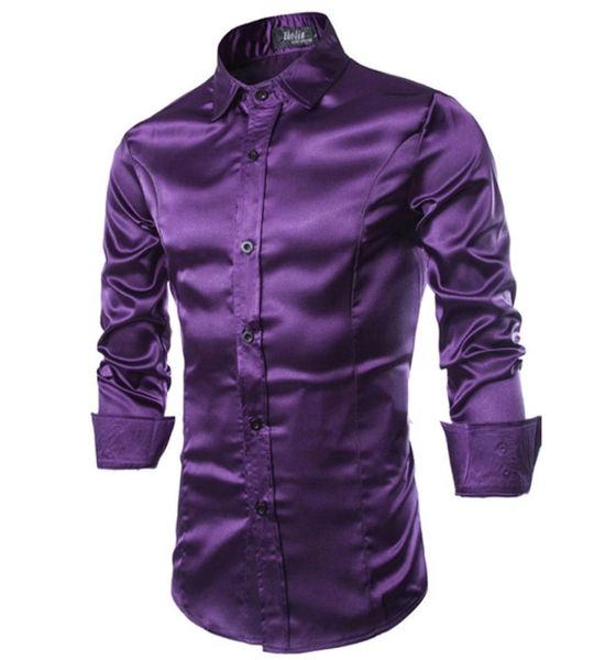 Intera nuova camicia da uomo a maniche lunghe Chemise Homme 2016 Fashion Design Viola Camicia di seta da uomo Slim Tuxedo Camicie eleganti Camisa Soci1102867