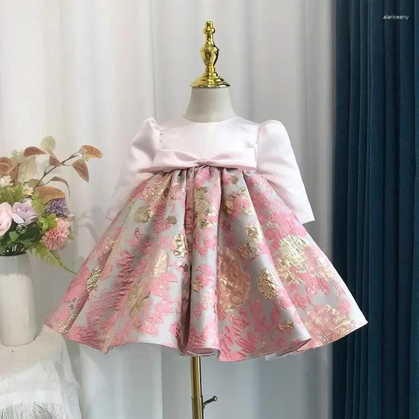 Mädchenkleider für Kinder, elegant, mit Perlen verziert, zur Taufe, passendes Blumenkleid zum ersten Geburtstag für Kinder, Kleidung, Blumenballkleider mit großer Schleife