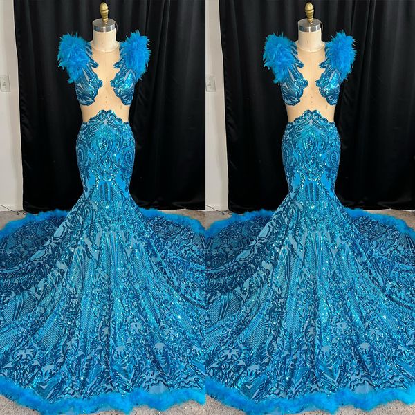 Lindo sereia vestidos de baile ilusão penas apliques renda vestido de tribunal sem mangas sem costas zíper feito sob encomenda brilhante festa vestido de noite