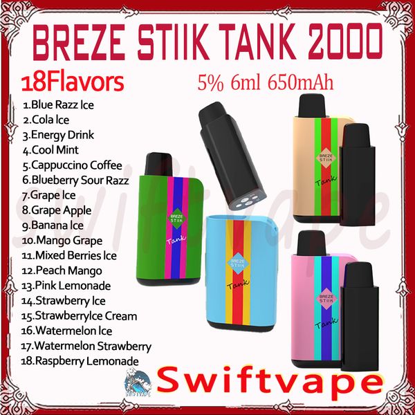 Serbatoio originale Breze Stiik 2000 Puff monouso E sigaretta 6ml 2% 5% 650mAh Batteria 18 sapori 2k Puffs Vapes Pen