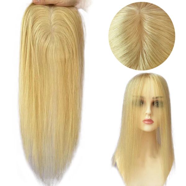 Toppers Clip im menschlichen Hair Toper feines Haarstück für weiße Frauen #613 Blonde Seidentop Clsoure Toupee Invisible PU rund um die Haut Kopfhaut